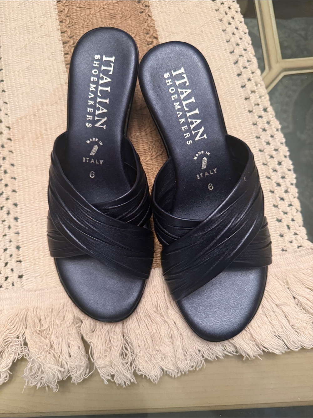 Italian Shoemakers Black Crisscross Leather Slide Mules